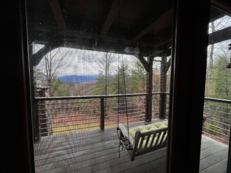 A wooden deck with a hanging bench overlooks a scenic view of trees and distant mountains under a cloudy sky.